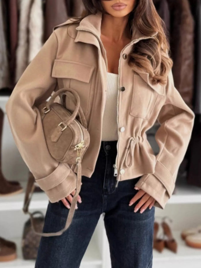 Drawstring Button-Up Casual Jacket in Apricot