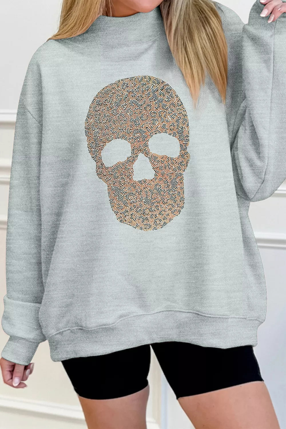 Halloween Rhinestone Skull Graphic Mock Neck Baggy Pullover Sweatshirt - Lilixa.store