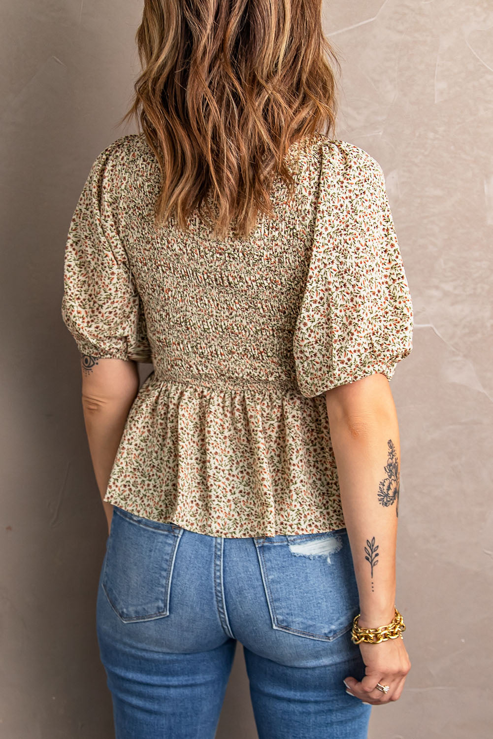 Smocked Balloon Sleeve Peplum Blouse, view 6