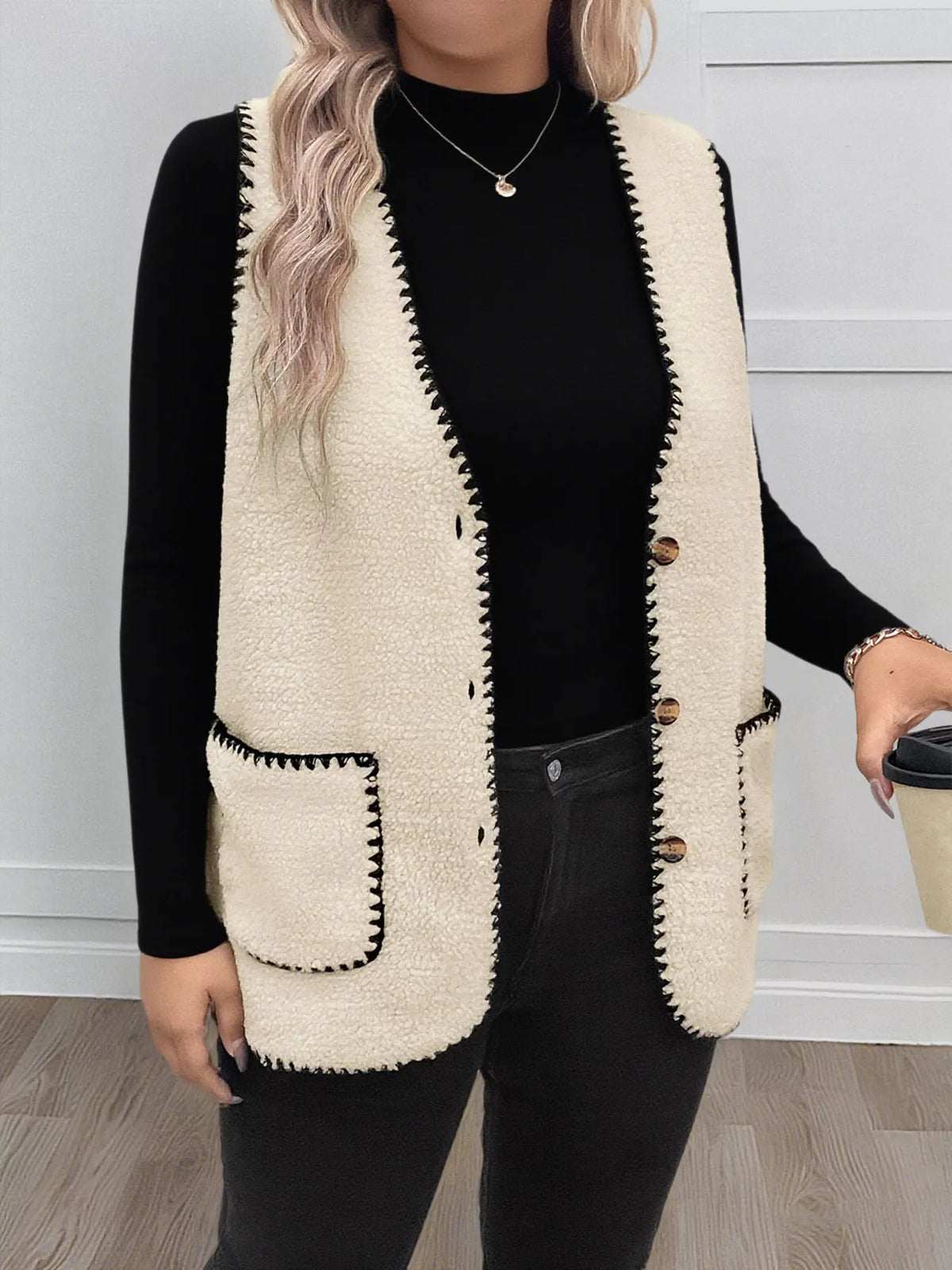 Plus Size Contrast Trim Button Up Vest Coat in Beige, view 2