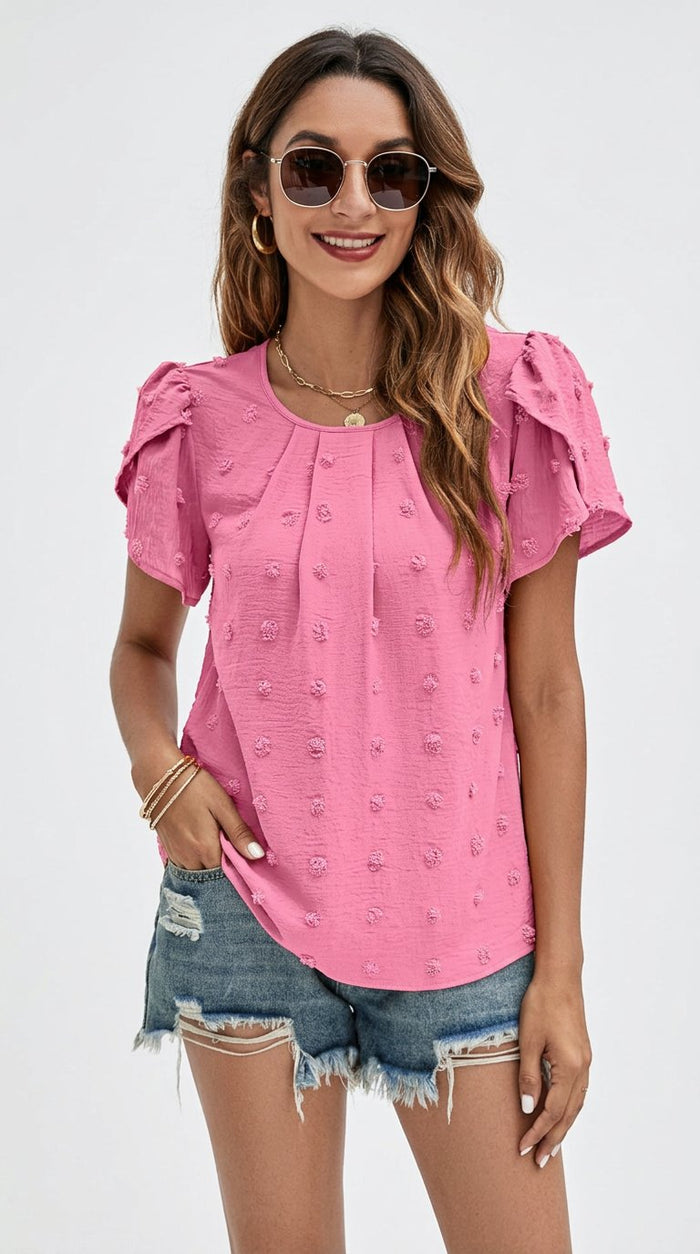 Swiss Dot Round Neck Petal Sleeve Top in Hot Pink