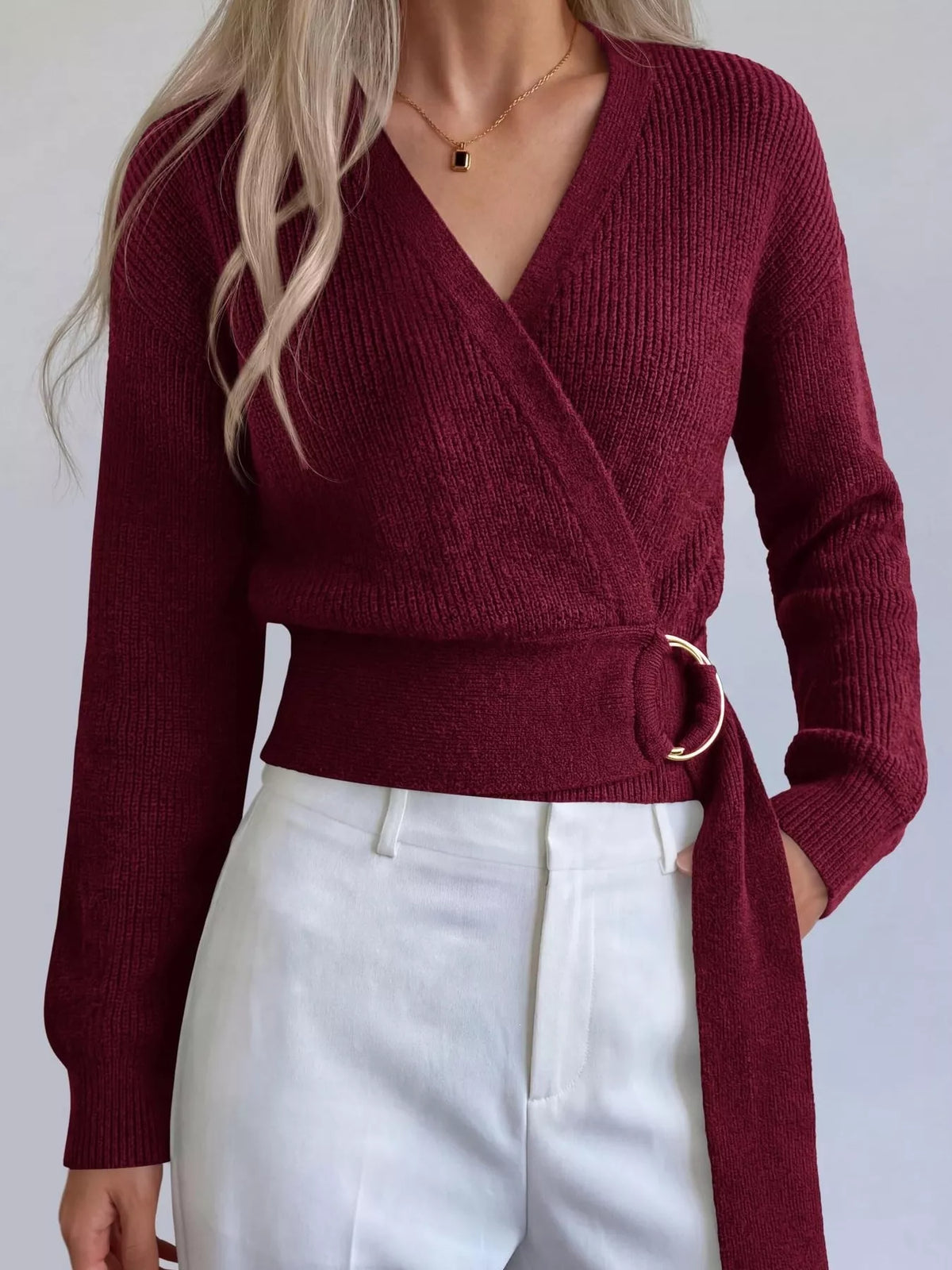 Metal Ring Detail Dropped Shoulder Sweater - Lilixa.store