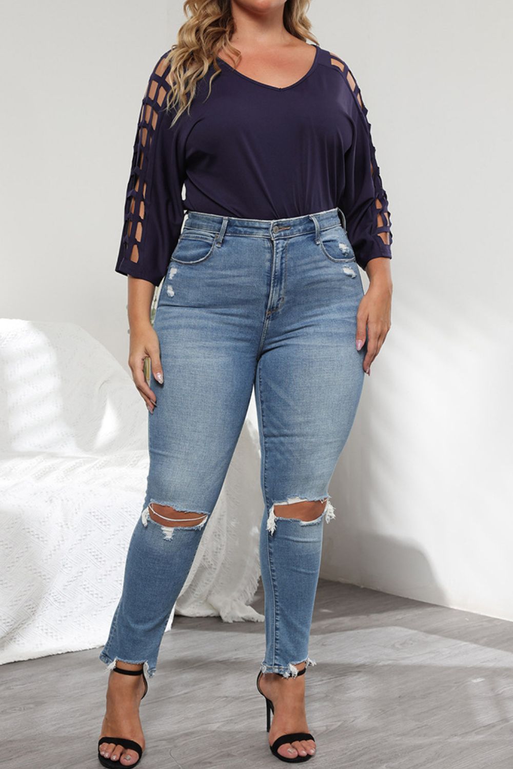 Plus Size Cutout Three-Quarter Sleeve Blouse, view 5