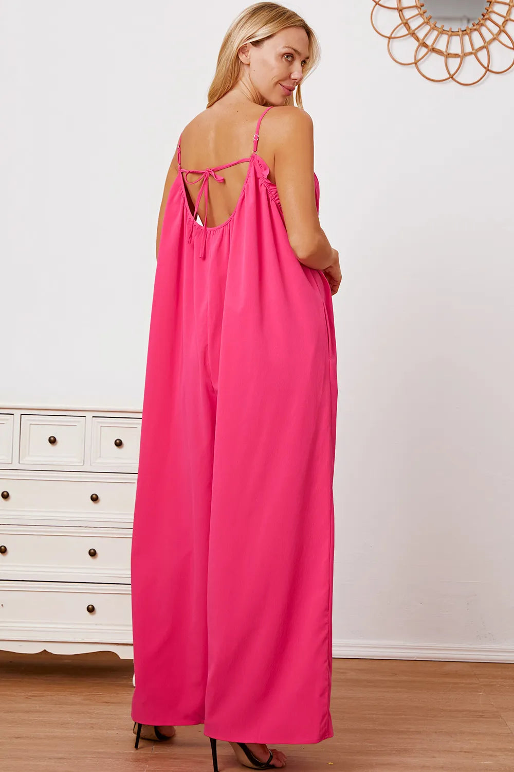 Double Take Full Size Ruffle Trim Tie Back Cami Jumpsuit with Pockets - Lilixa.store