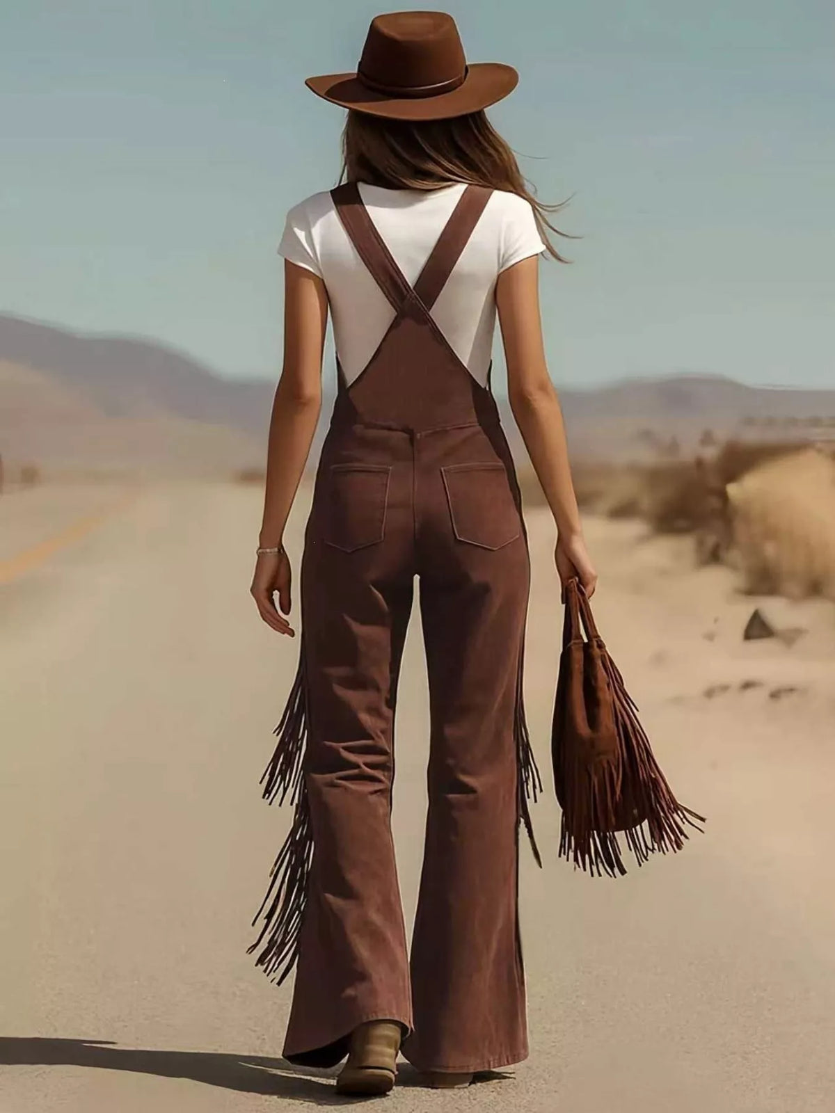 Fringe Detail Flare Leg Overalls, view 2