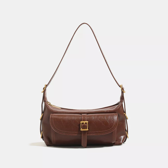 Vintage PU Leather Shoulder Bag with Buckle Detail in Caramel