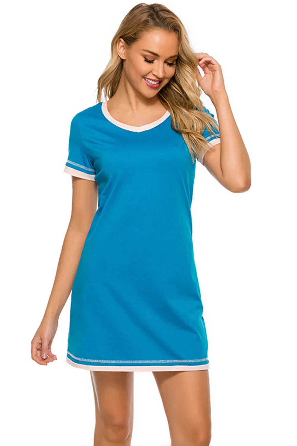 Contrast Trim Short Sleeve Lounge Dress - Lilixa.store