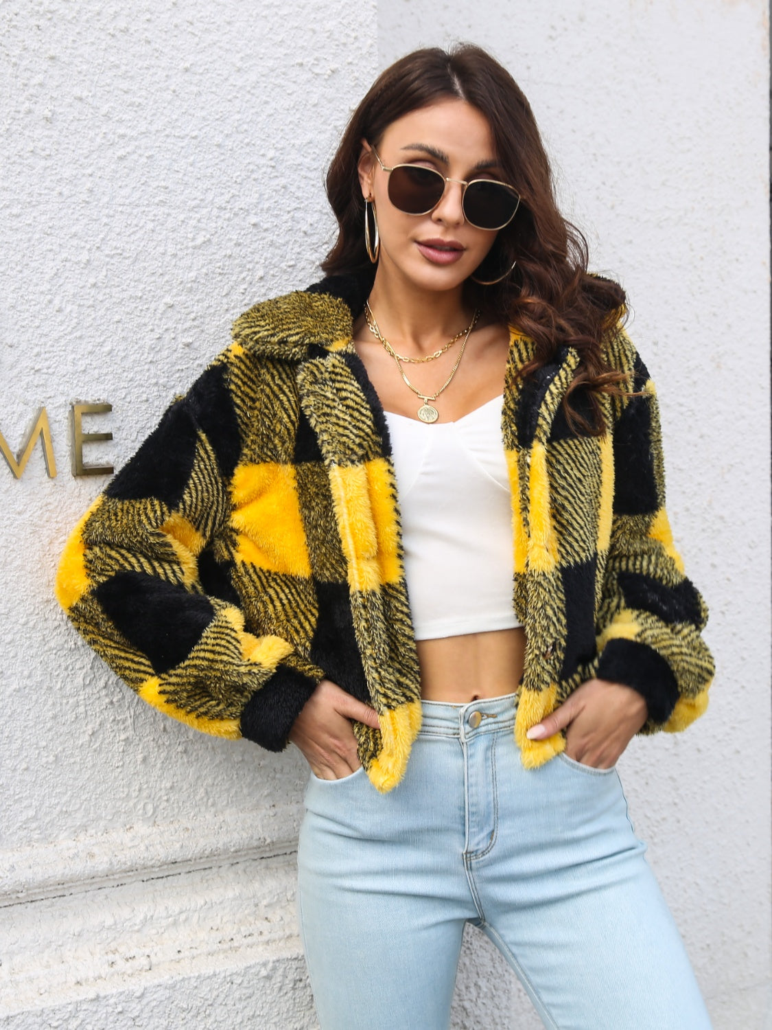 Plaid Dropped Shoulder Buttoned Jacket in Gold