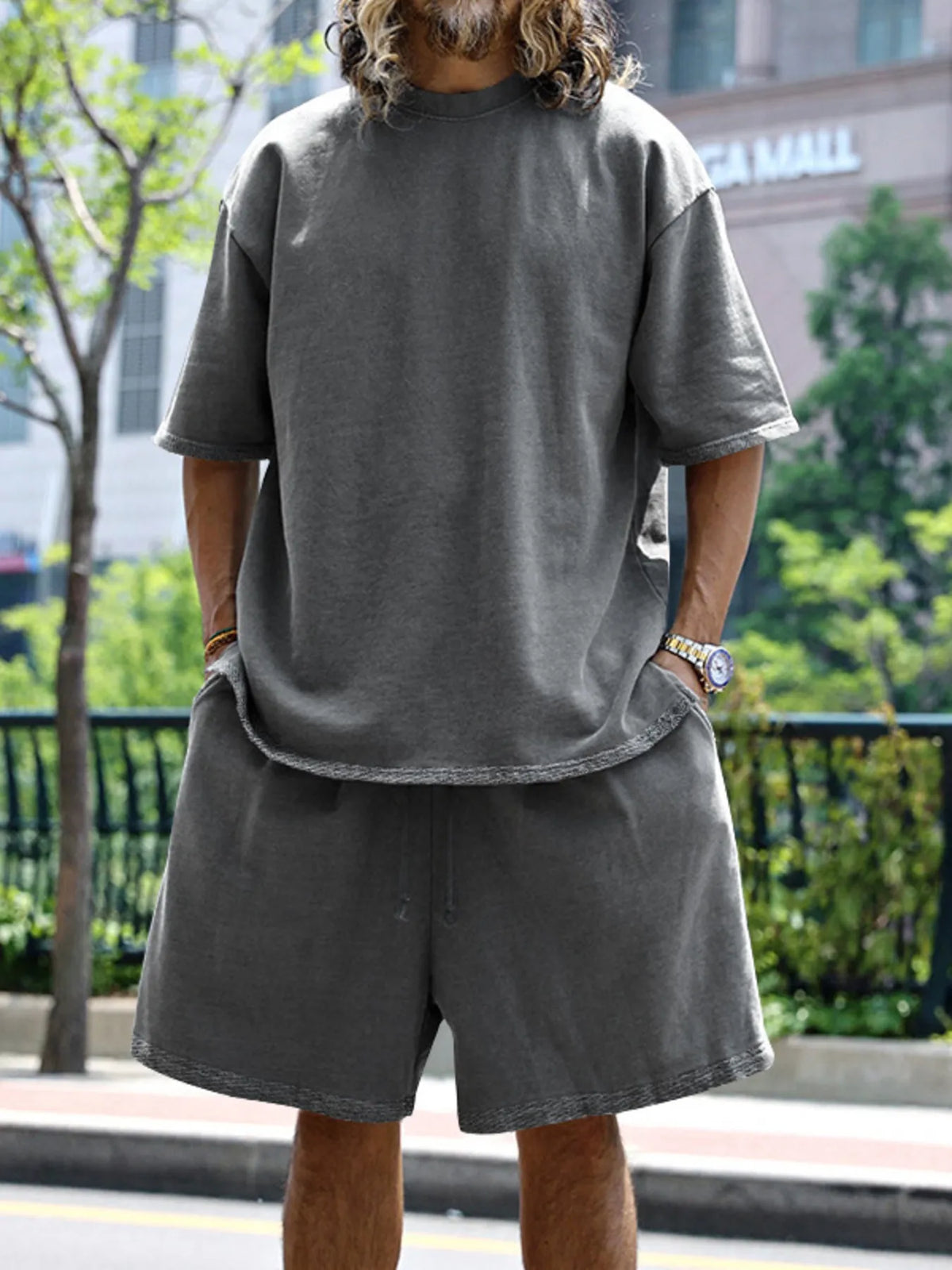 Men's Full Size Round Neck Short Sleeve Top and Shorts Set Plus Size in Dark Gray