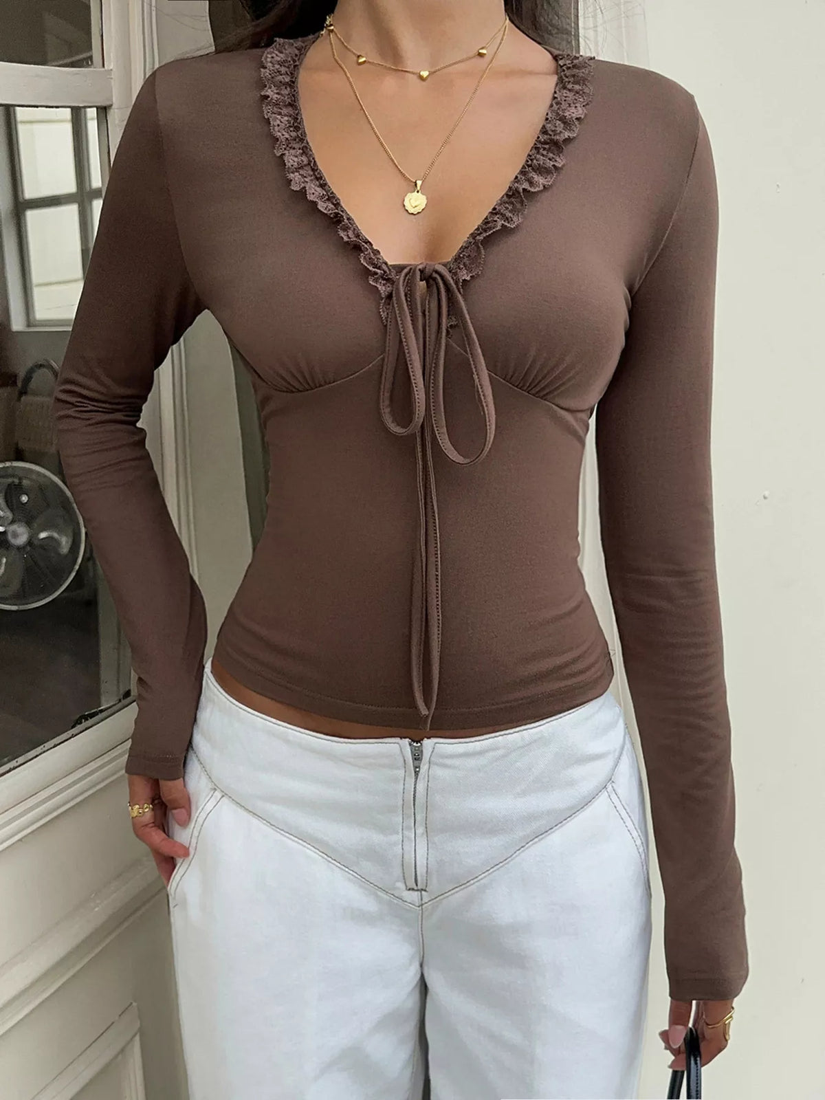 Lace-Trimmed V-Neck Long Sleeve T-Shirt - Lilixa.store