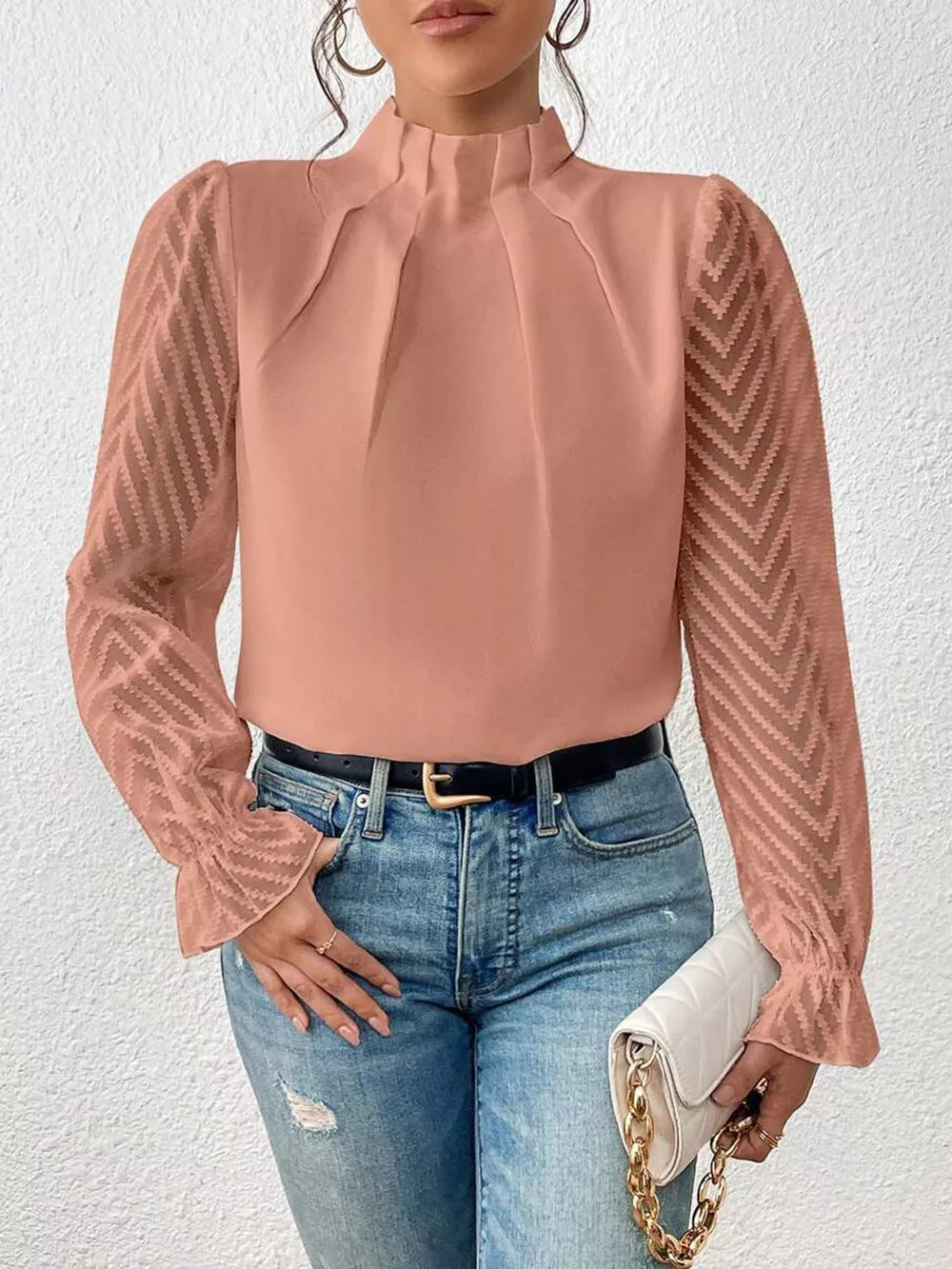 Mock Neck Flounce Sleeve Blouse - Lilixa.store