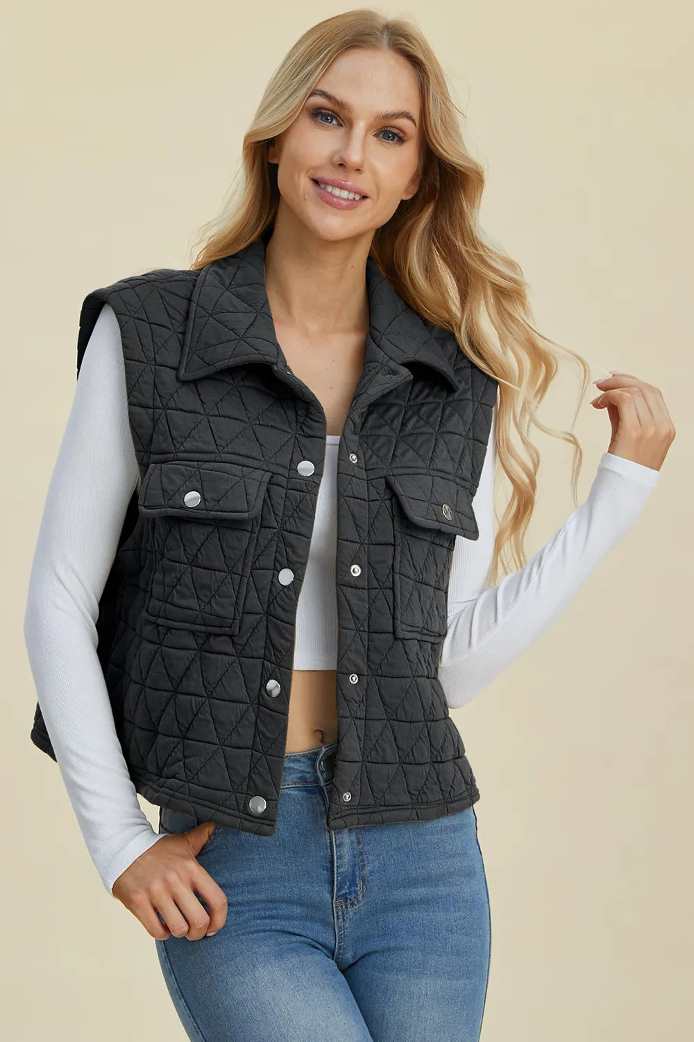Double Take Full Size Pocketed Texture Snap Down Vest Coat in Black