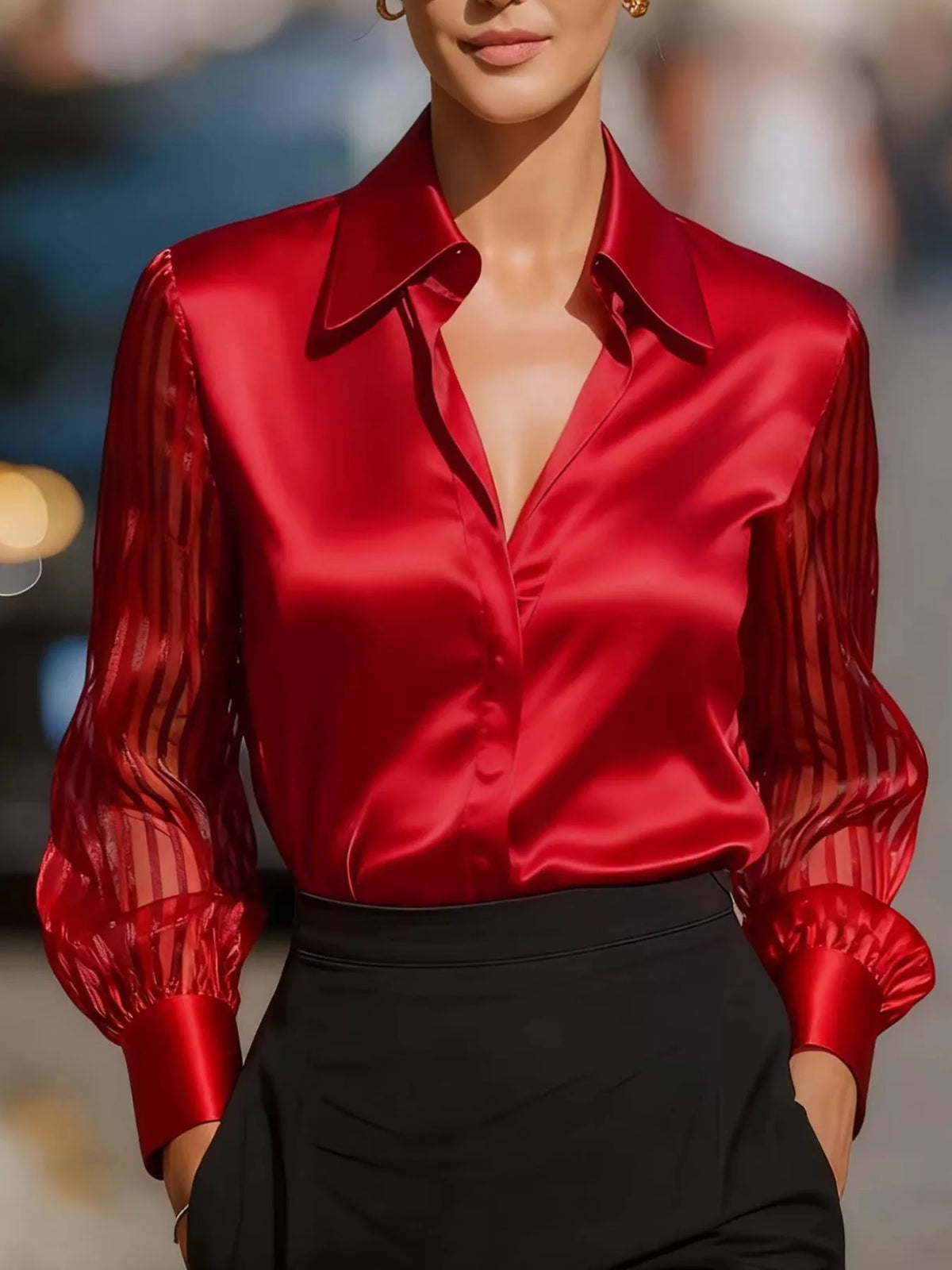 Elegant Shirt with Sheer Striped Sleeves in Scarlet