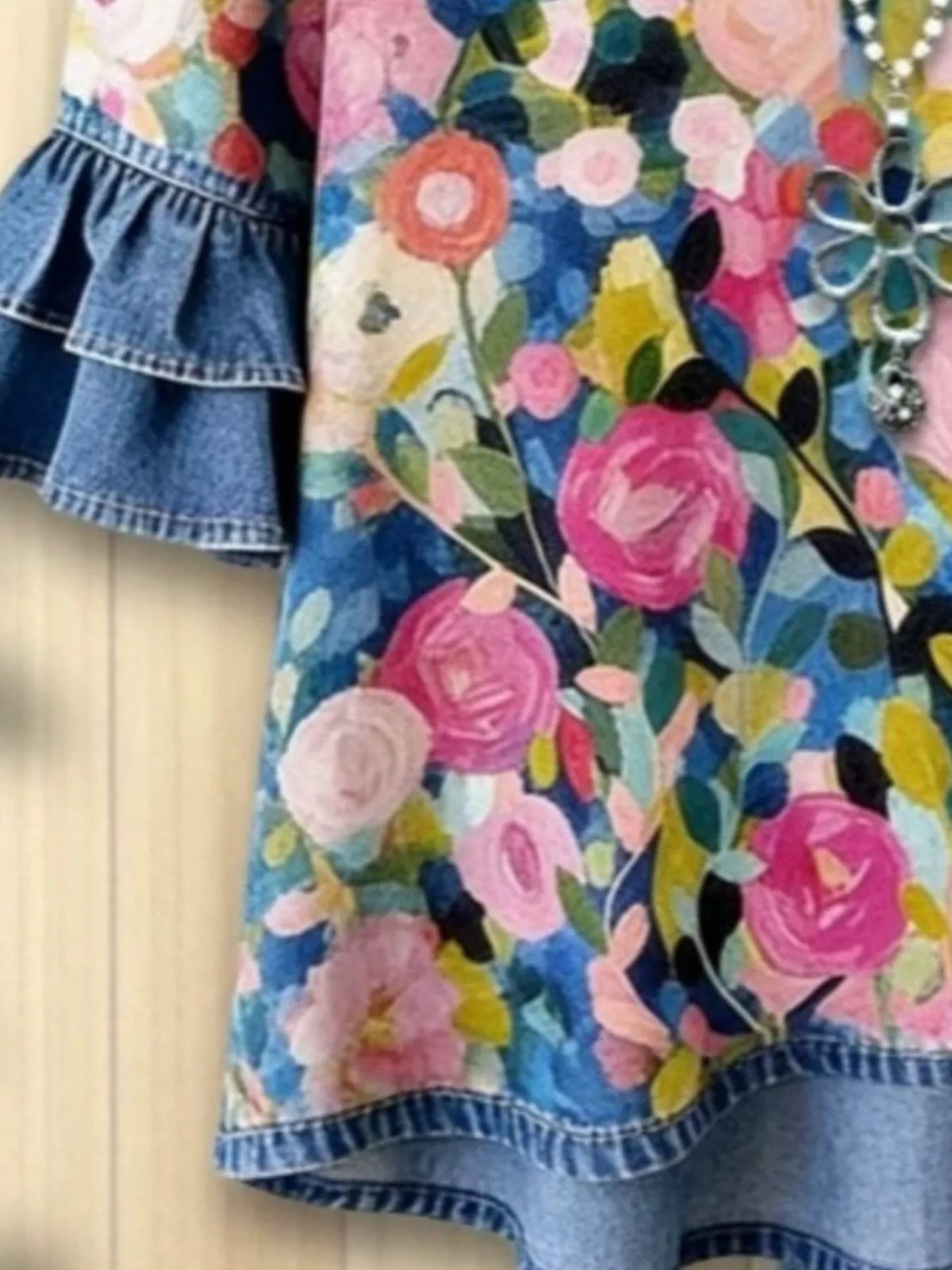 Full Size Floral Print Ruffle Trim Denim Top Plus Size