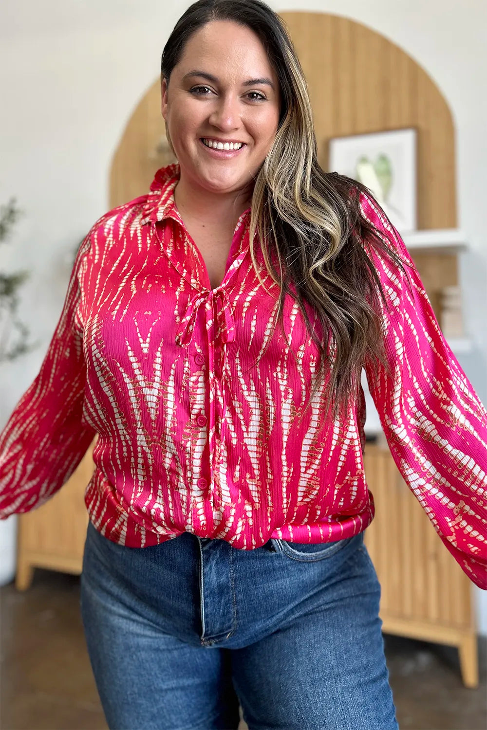 Double Take Full Size Printed Button Up Long Sleeve Shirt - Lilixa.store