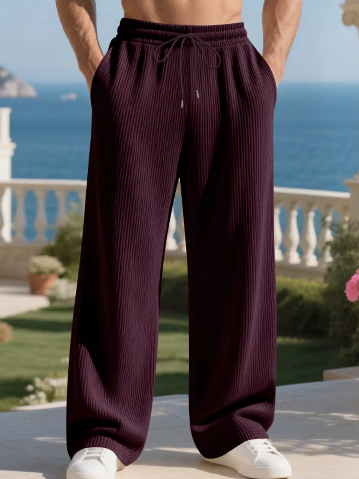 Men's Full Size Relaxed Fit Drawstring Pants Plus Size in Wine Red