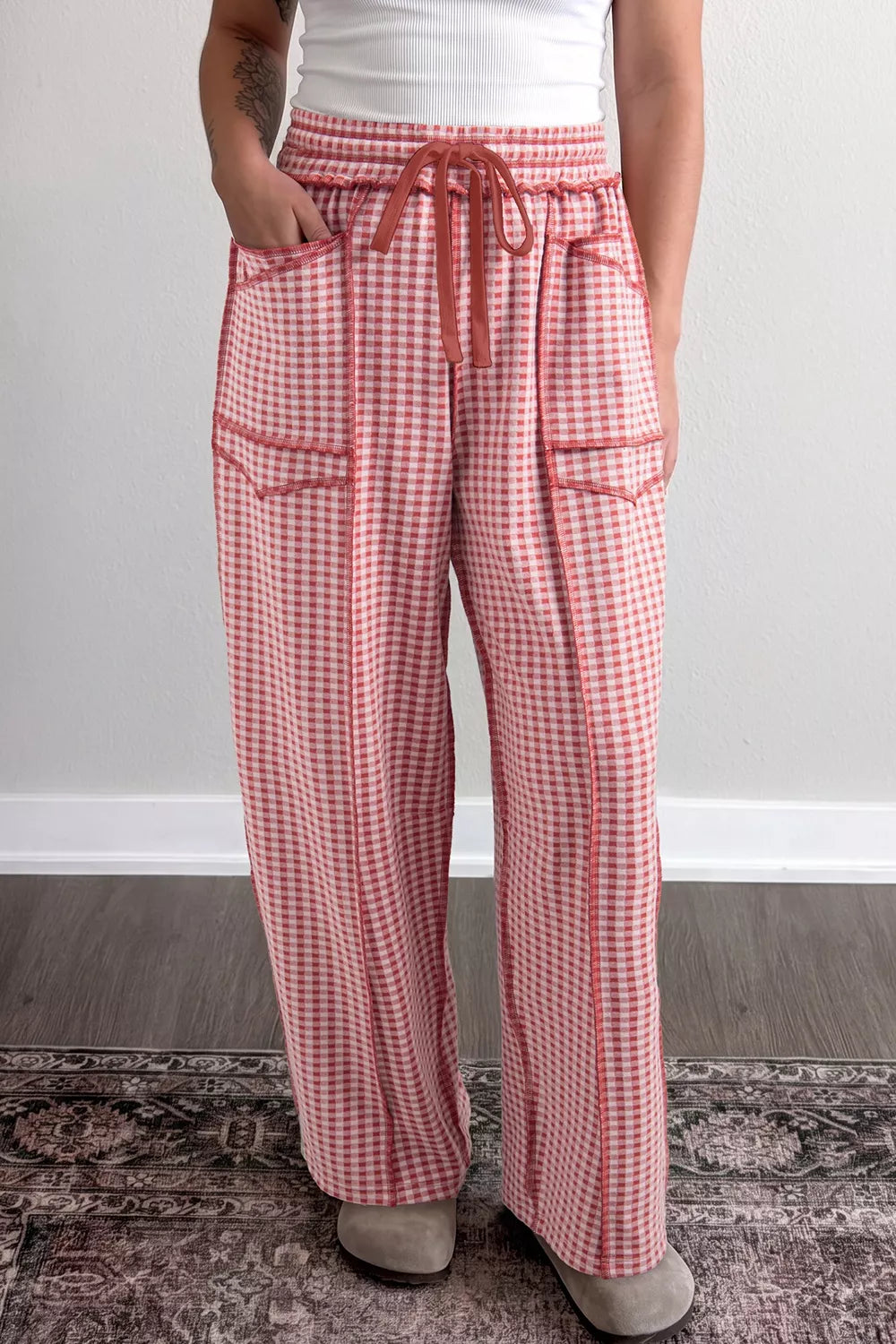 Gingham High-Waisted Drawstring Wide-Leg Pants