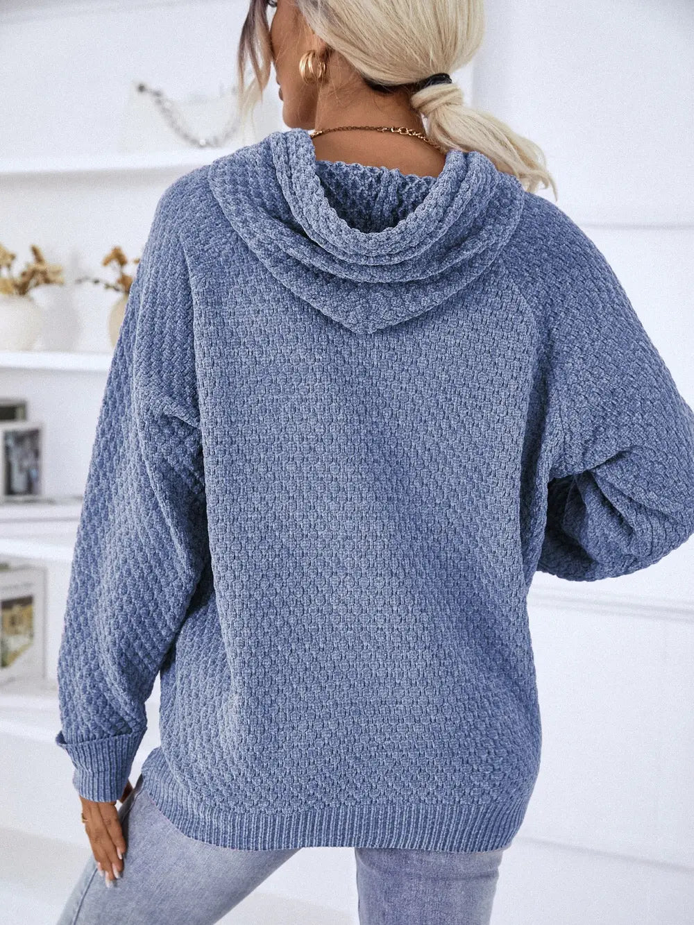 Texture Drawstring Long Sleeve Hooded Sweater, view 8