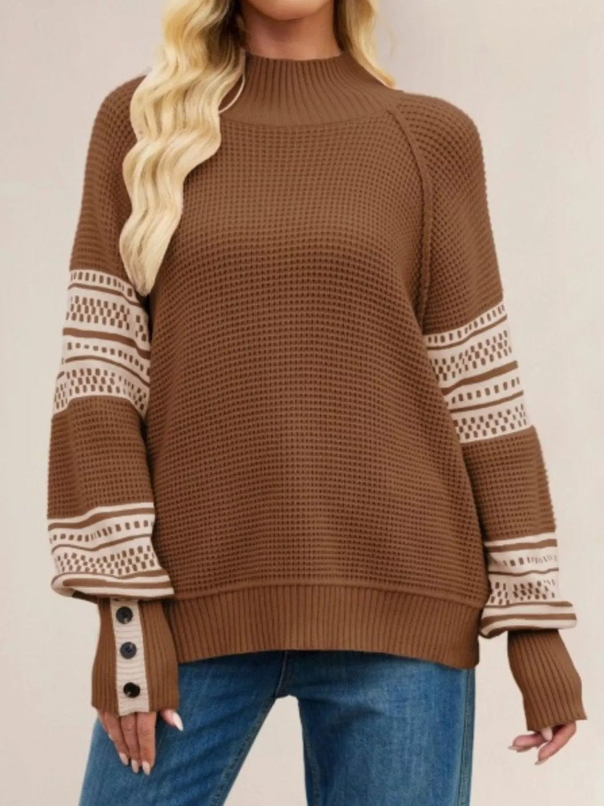 Waffle Knit Mock Neck Sweater - Lilixa.store