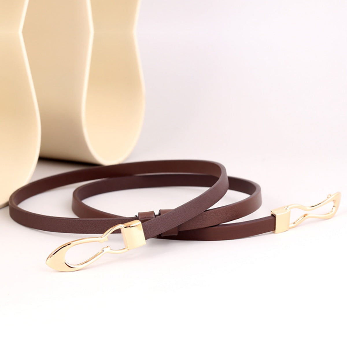 Skinny Leather Belt with Interlocking Buckle in Brown