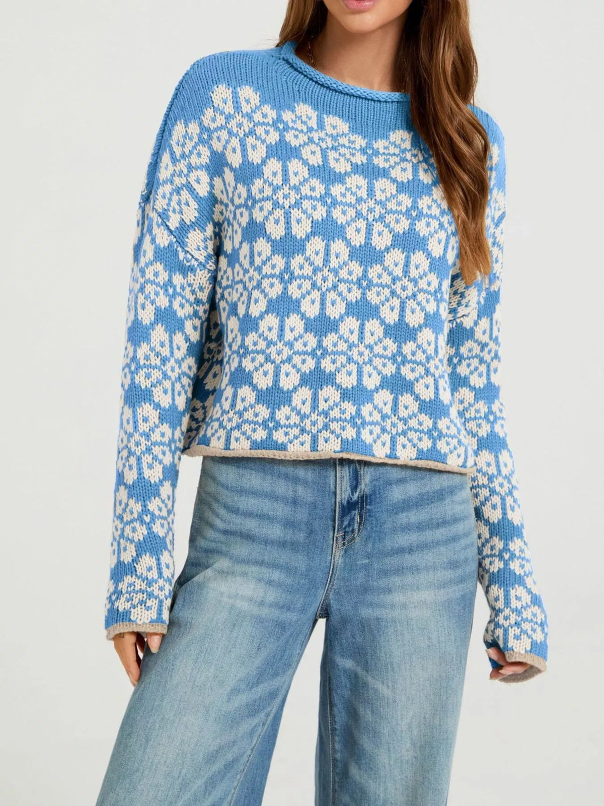 Floral Contrast Trim Dropped Shoulder Sweater