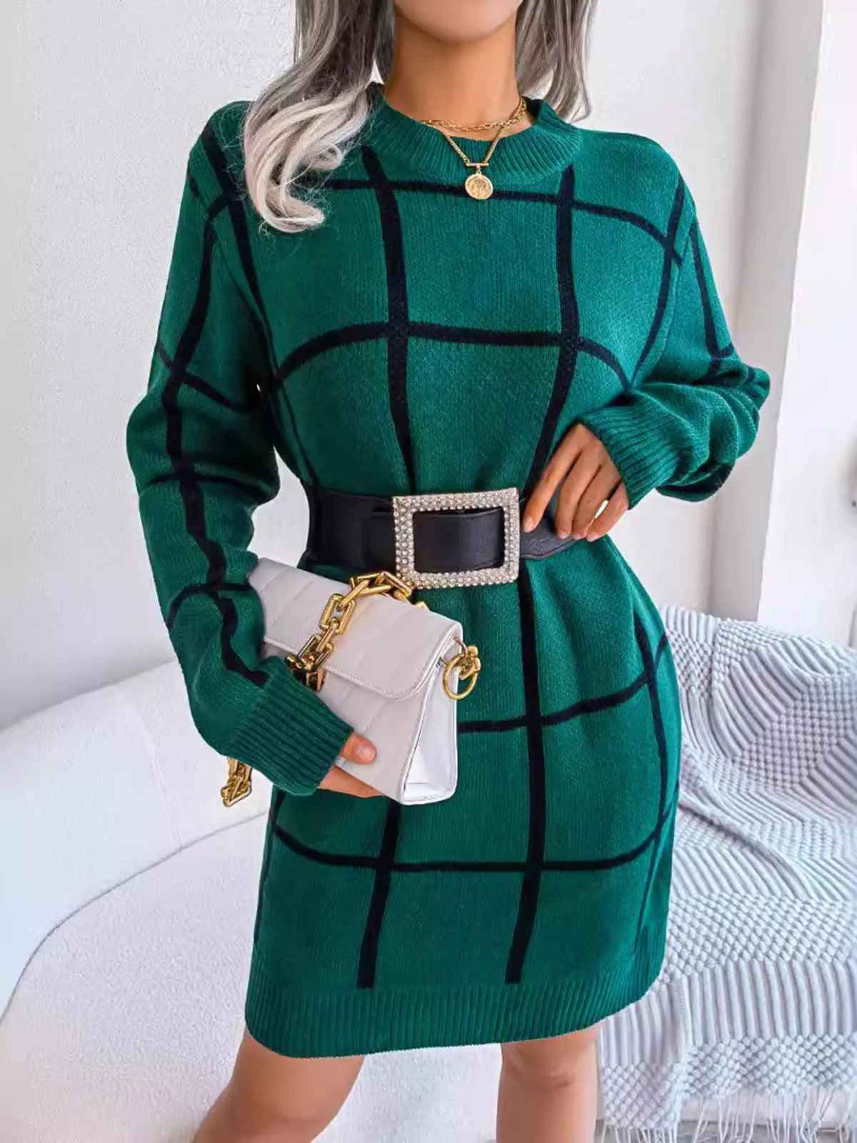 Plaid Pattern Long Sleeve Sweater Dress in Black Forest