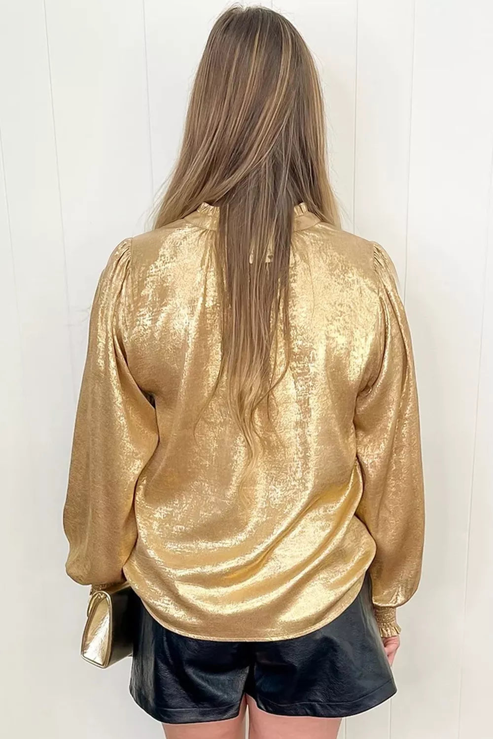 Metallic Sheen V Neck Gathered Cuff Long Sleeve Blouse - Lilixa.store
