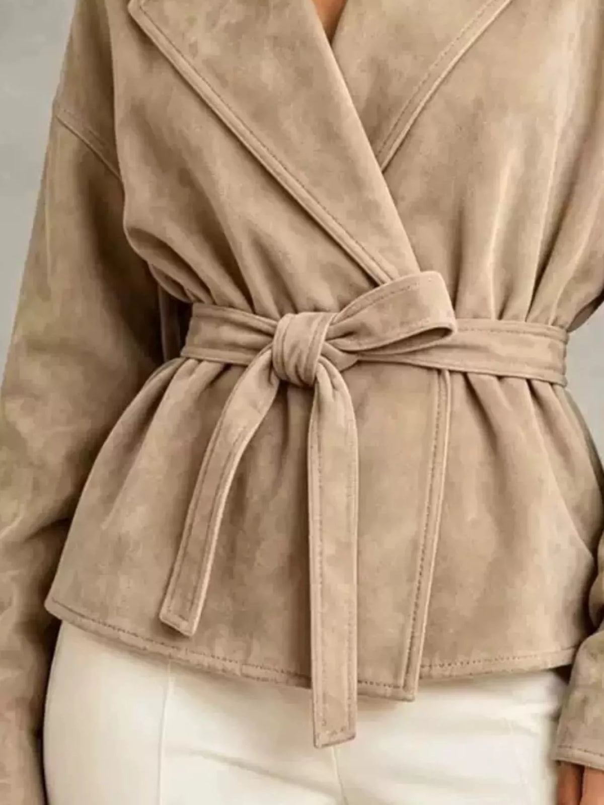 Tie-Waist Lapel Collar Jacket