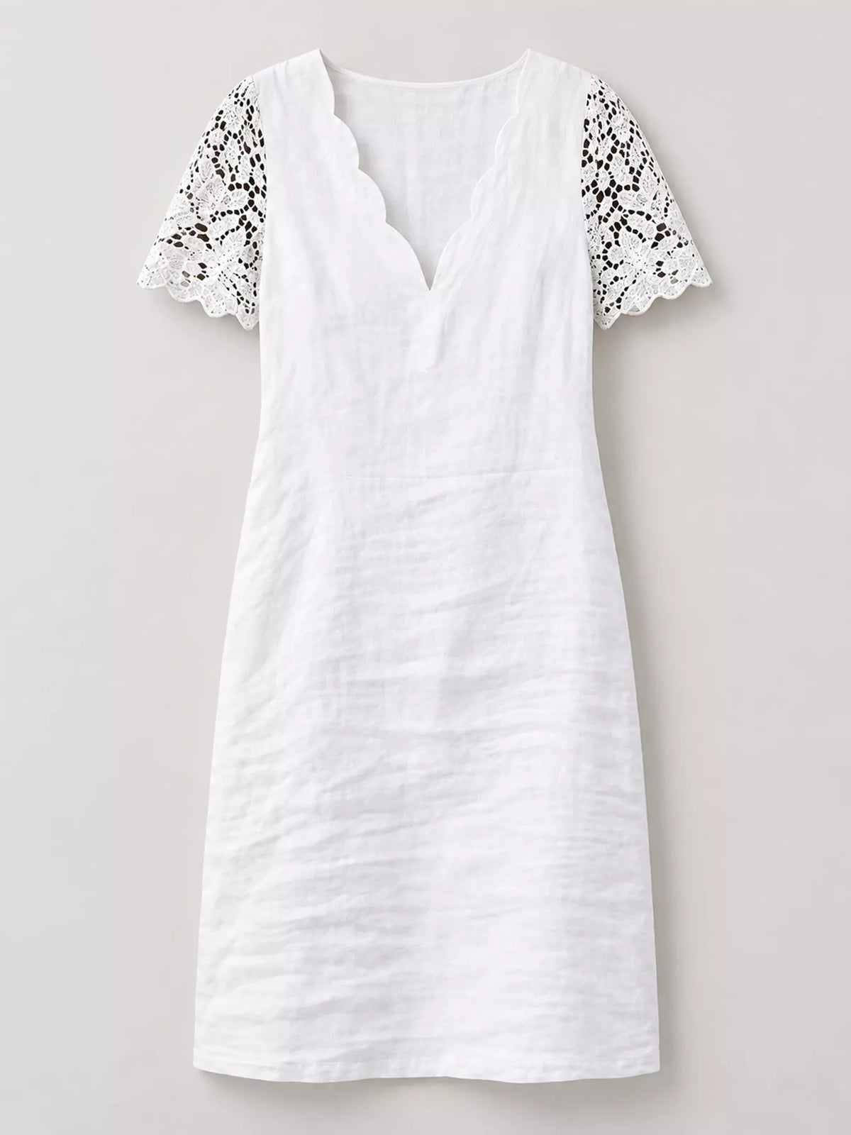 Full Size Scalloped V-Neck Lace Sleeve Mini Dress Plus Size in White, view 4