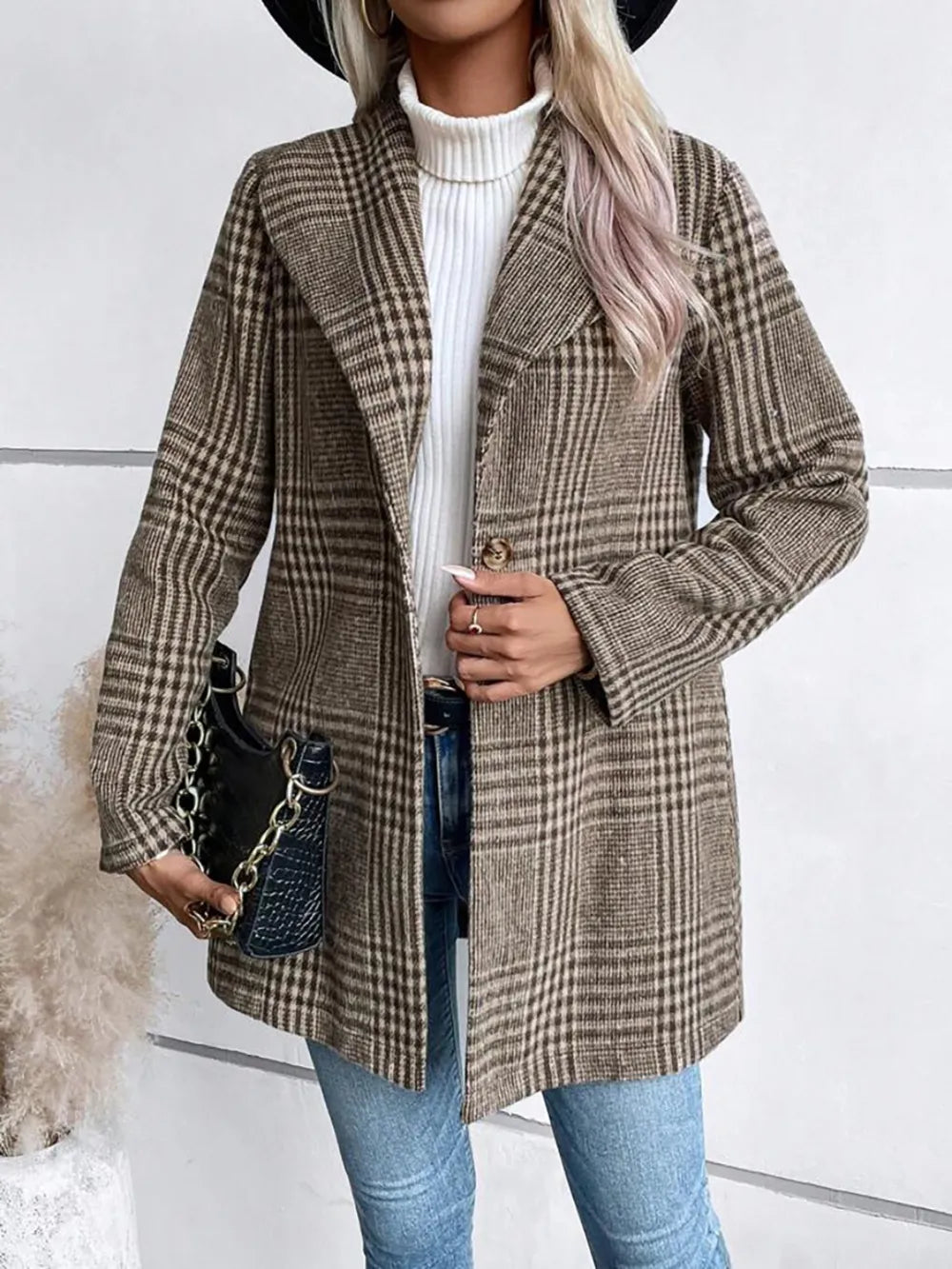 Plaid Collared Neck Long Sleeve Jacket in Coffee Brown