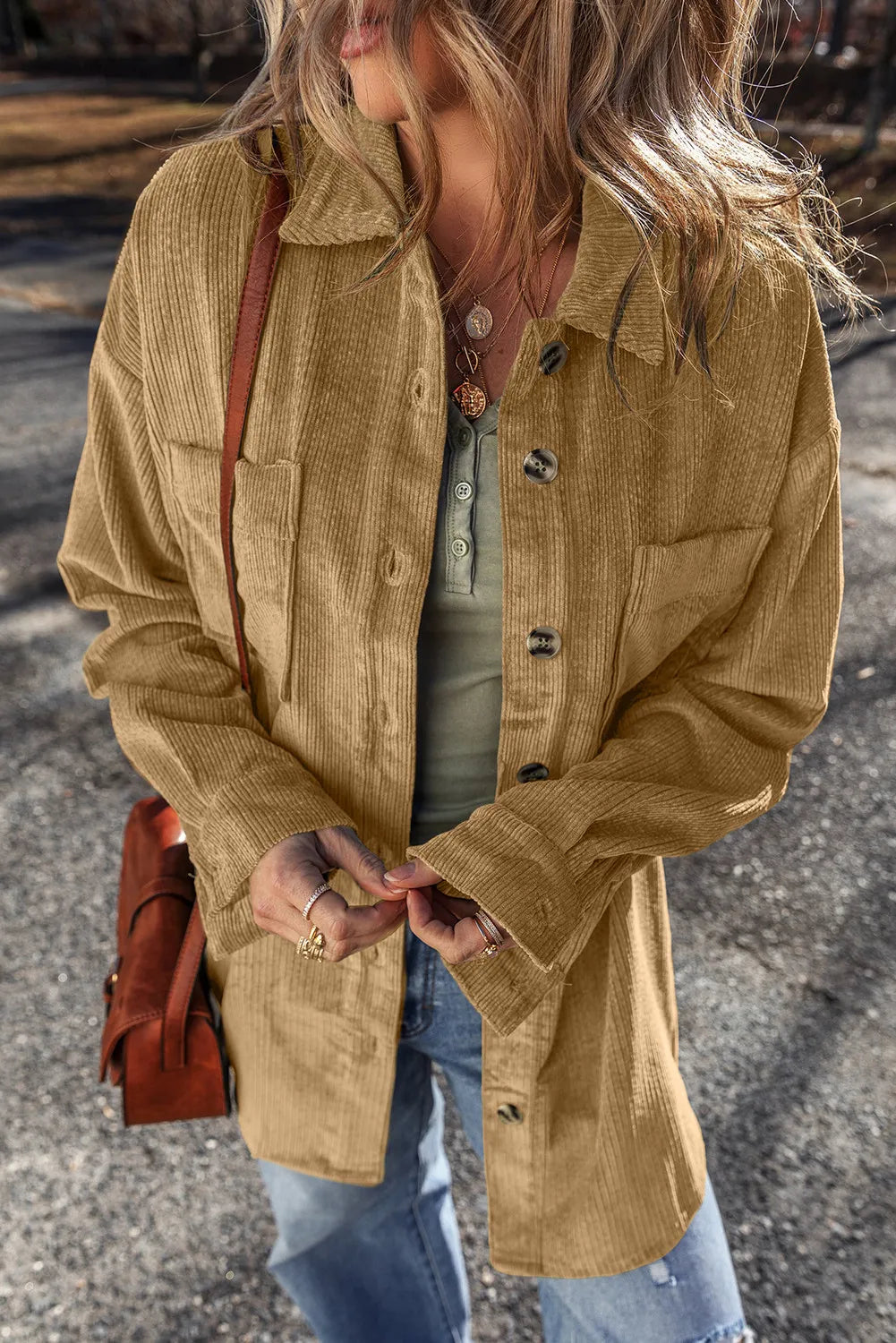 Button Up Long Sleeve Jacket in Camel, view 2