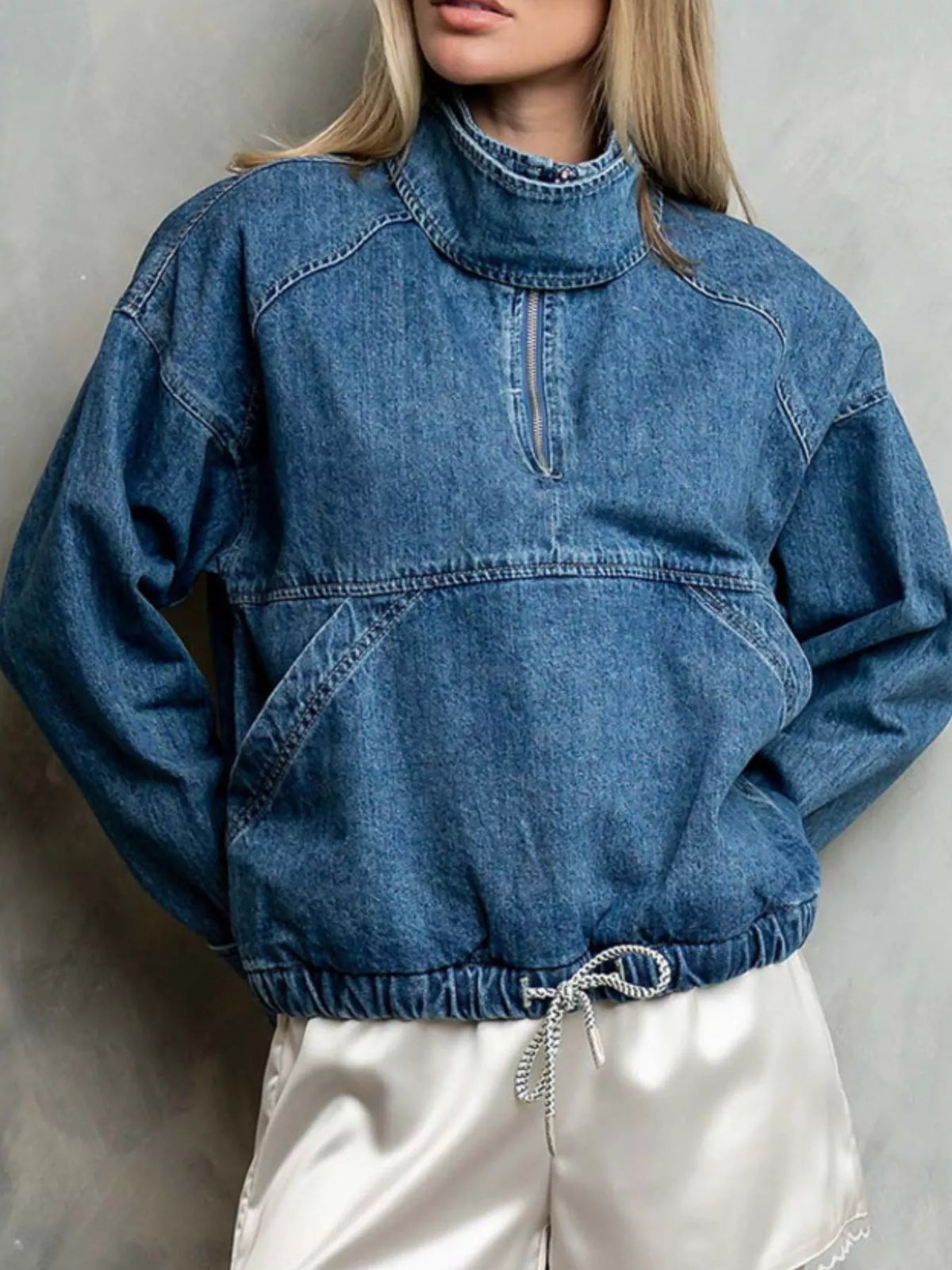 Half-Zip Turtleneck Denim Top