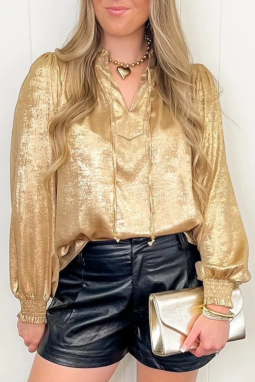 Metallic Sheen V Neck Gathered Cuff Long Sleeve Blouse - Lilixa.store