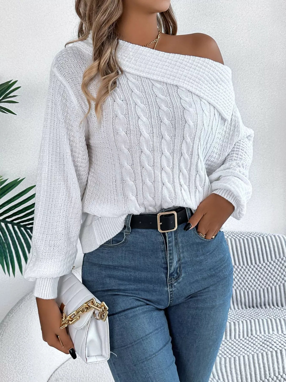 One Shoulder Cable Knit Sweater