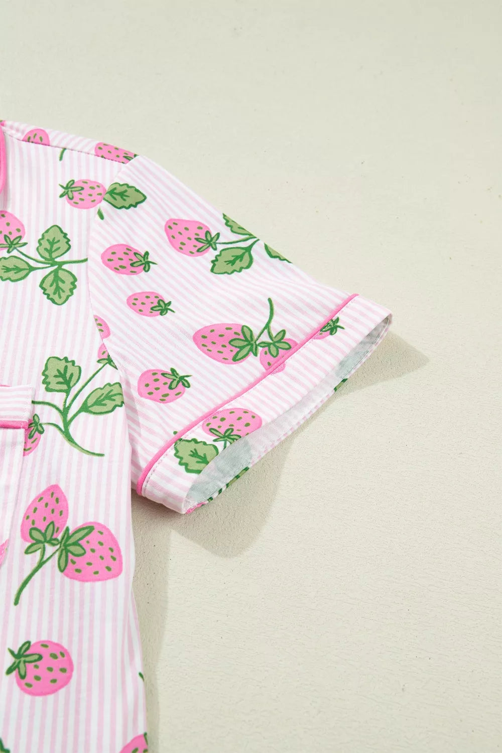 Striped Strawberry Print Lapel Shirt Drawstring Shorts 2pcs Pajama Set - Lilixa.store