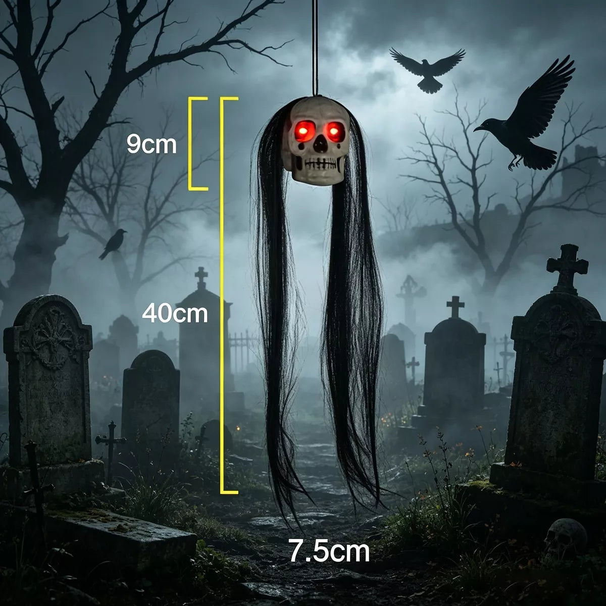 Halloween Hanging Dual-Skull with Glowing Eyes and Long Hair - Lilixa.store