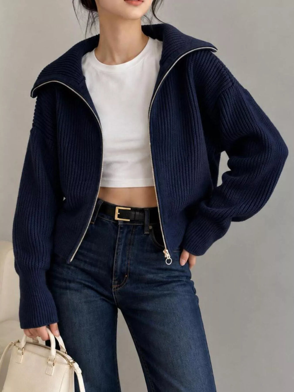 Zip Up Dropped Shoulder Cardigan - Lilixa.store