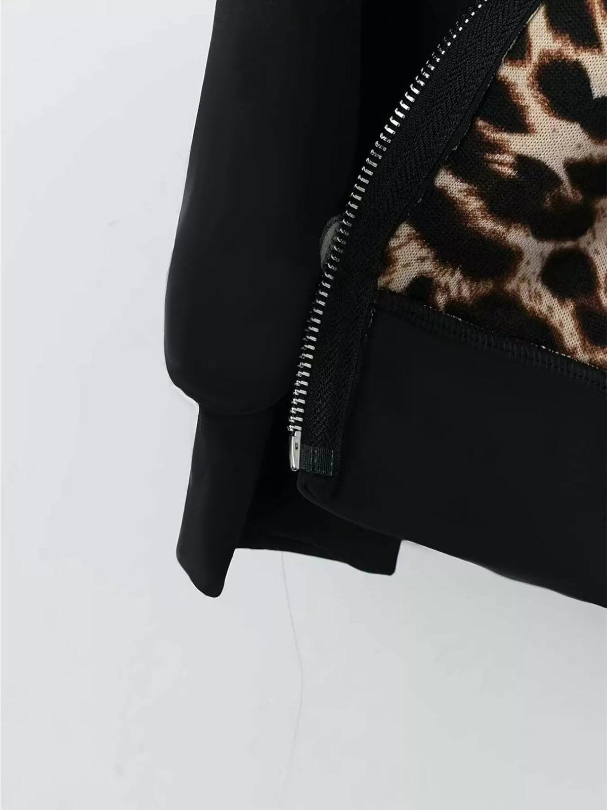 Hooded Leopard Lined Zip-Up Outerwear in Black, view 4