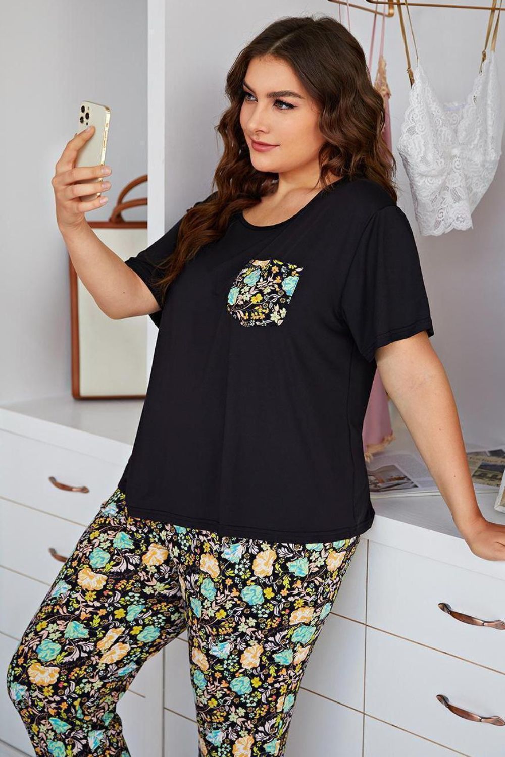 Plus Size Contrast Round Neck Tee and Floral Pants Lounge Set - Lilixa.store