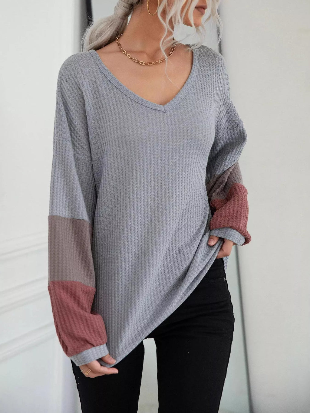 V-Neck Waffle Knit Long Sleeve T-Shirt - Lilixa.store