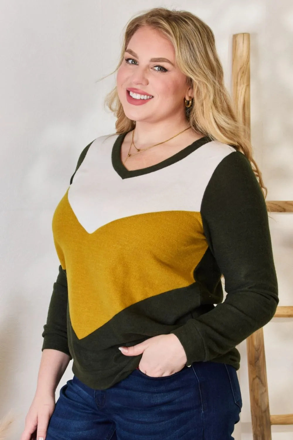 Hailey & Co Full Size Colorblock V-Neck Blouse - Lilixa.store