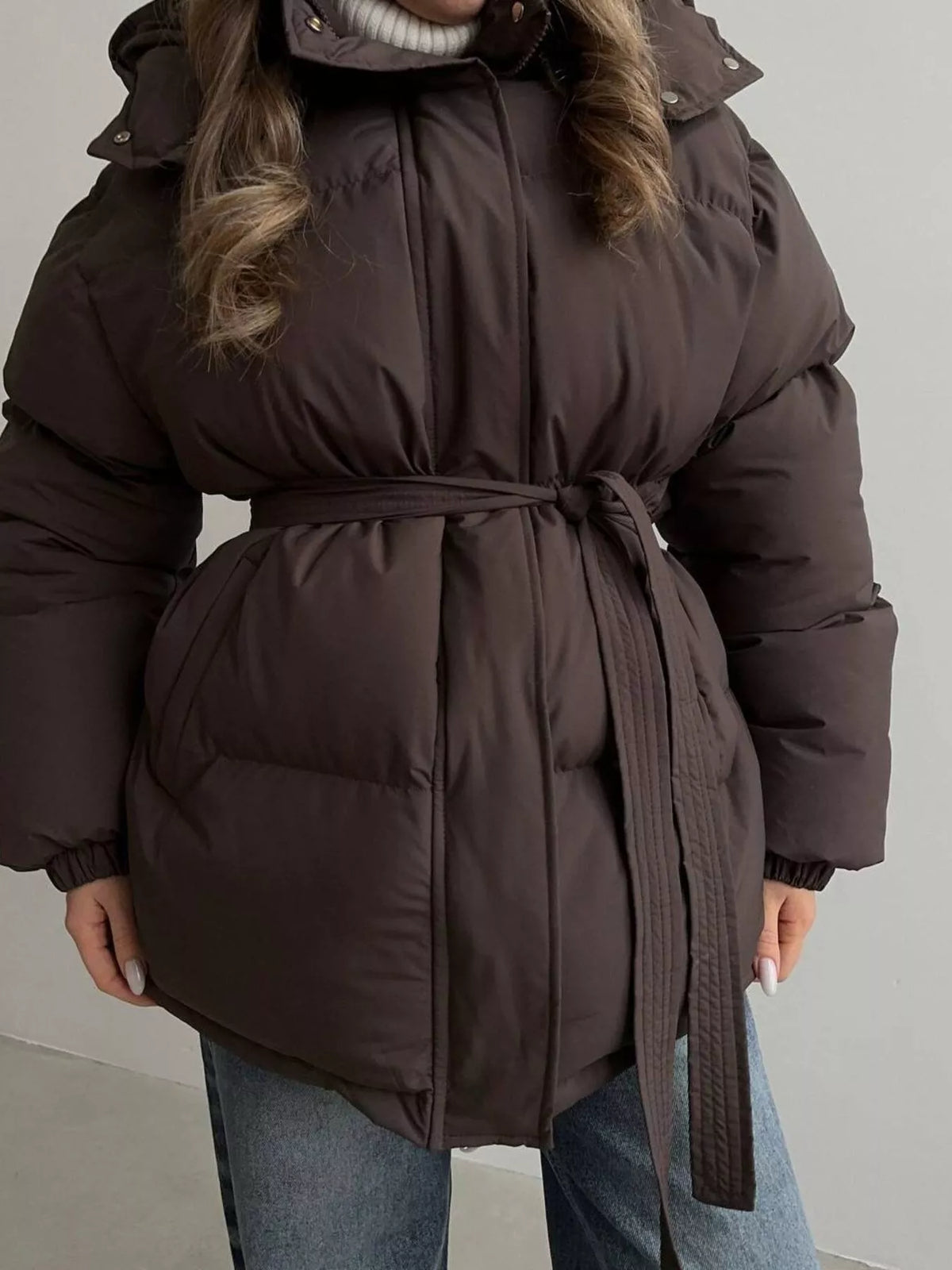 Mid-Length Thickened Hooded Winter Coat with Belted, view 5