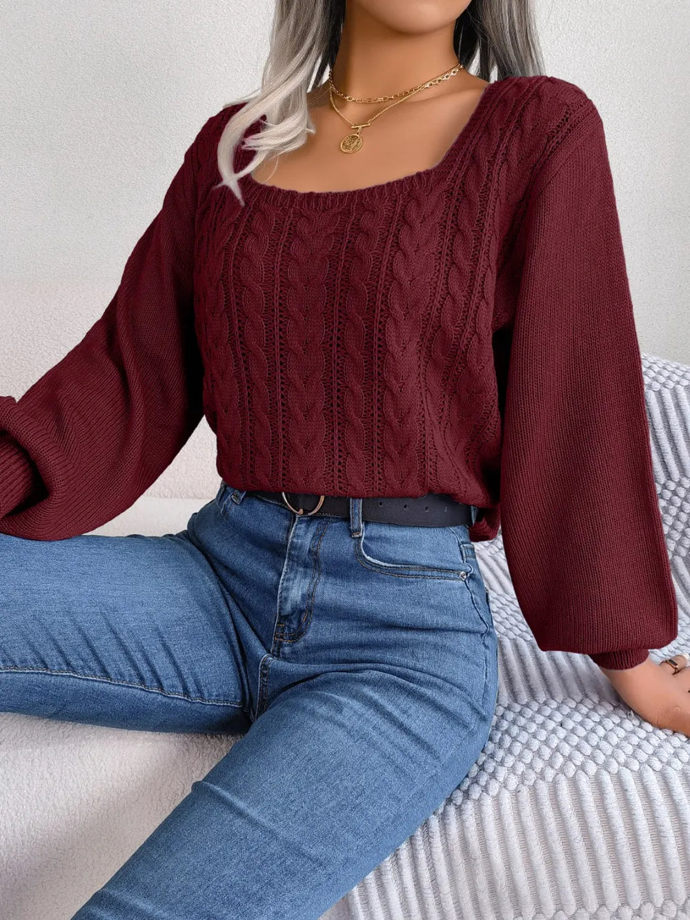 Cable-Knit Square Neck Long Sleeve Sweater, view 8
