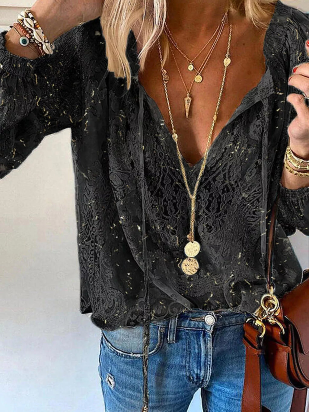 Lace Tie-Neck Blouse - Lilixa.store