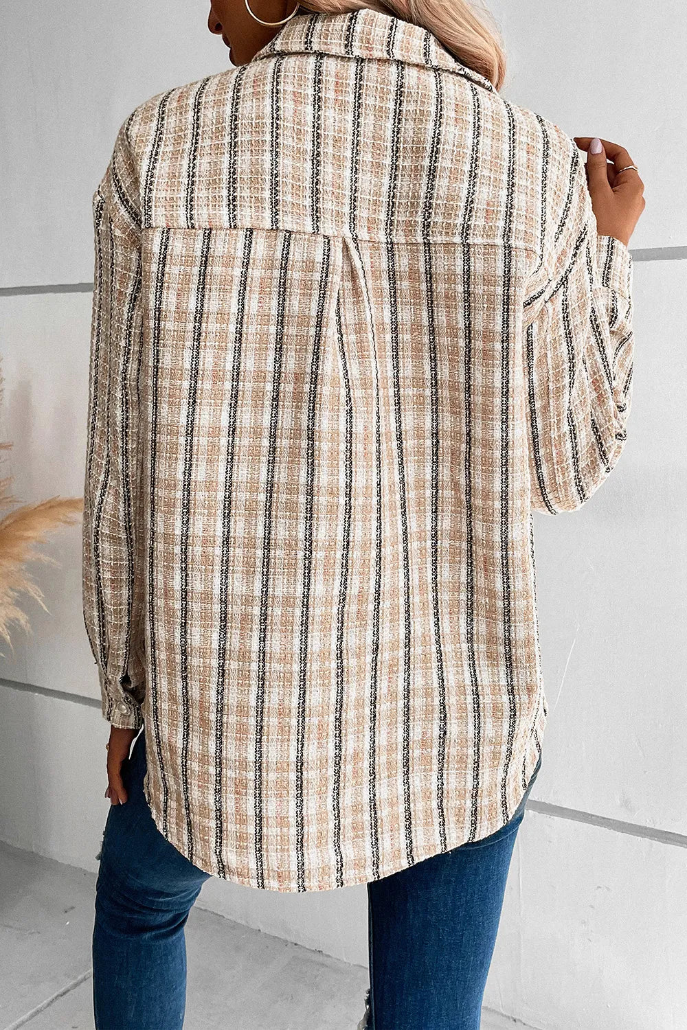 Perfee Pocketed Button Up Collared Neck Jacket in Tan, view 2