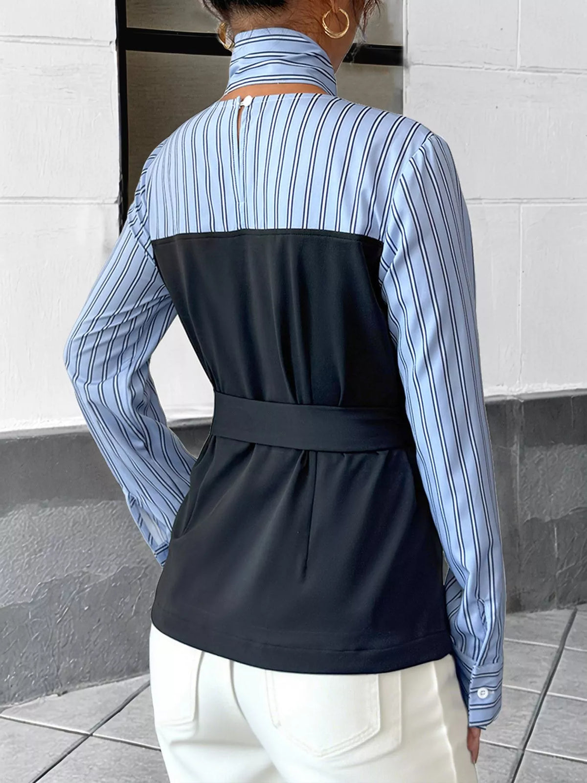 Striped Long Sleeve Blouse with Bow Tie in Blue, view 6