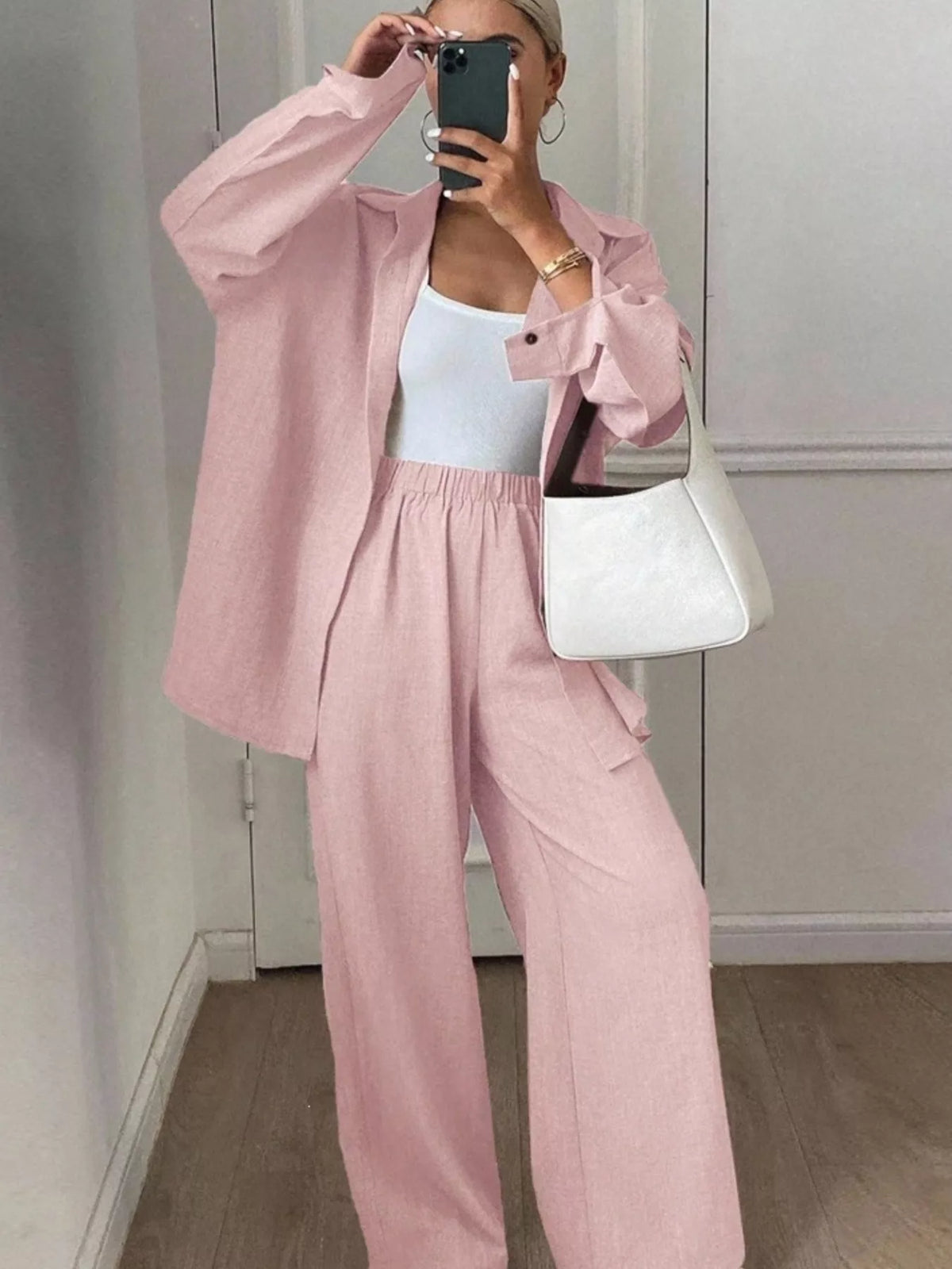 Button-Down Shirt and Wide-Leg Pants Set, view 23