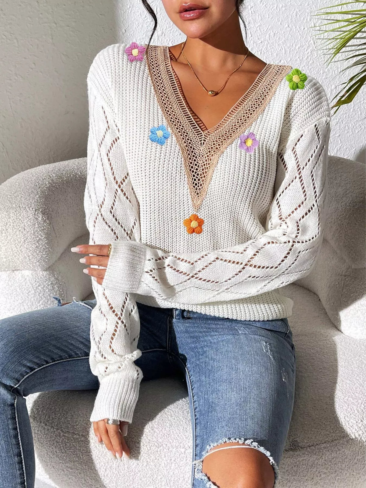 Floral Applique V-Neck Openwork Sweater