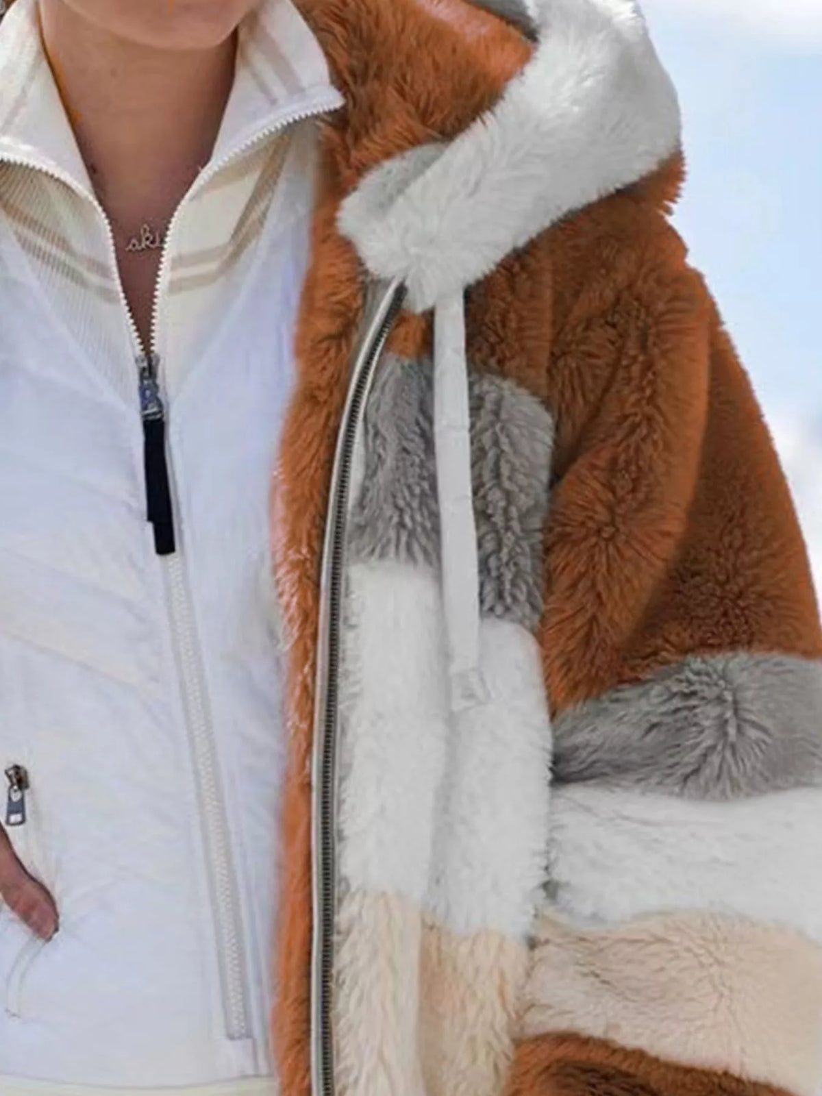 Full Size Fuzzy Zip Up Hooded Outerwear Plus Size, view 12