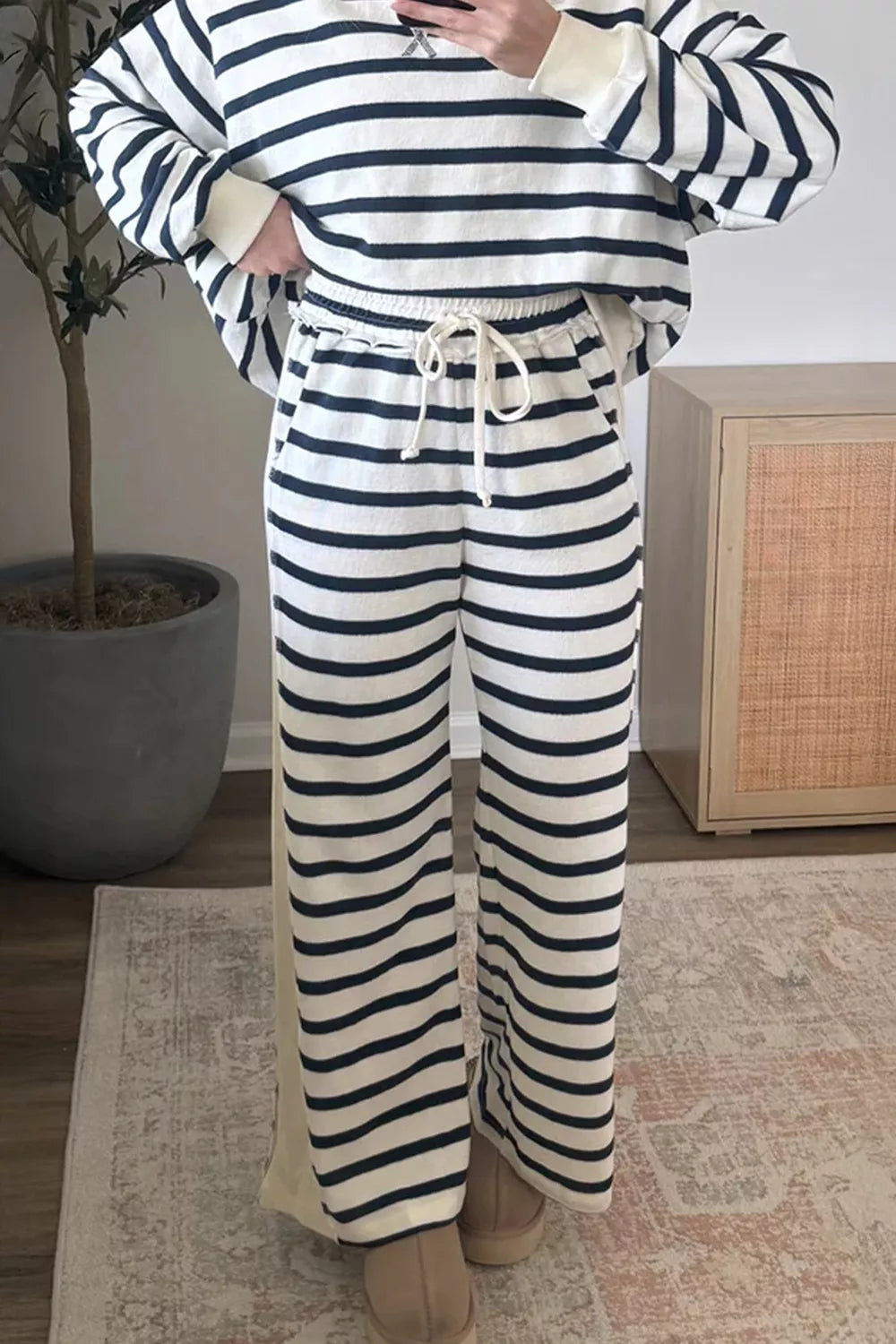 Striped Long Sleeve Top and Wide-Leg Pants Set